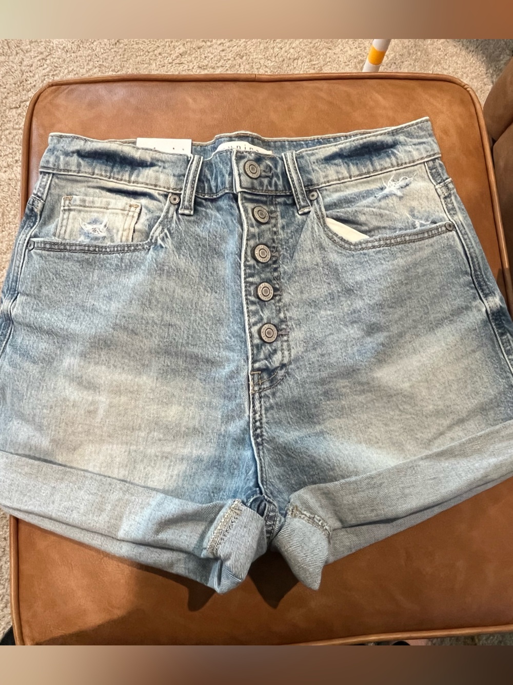eunina High-Waist Light Blue Button-Front Denim Shorts NWT